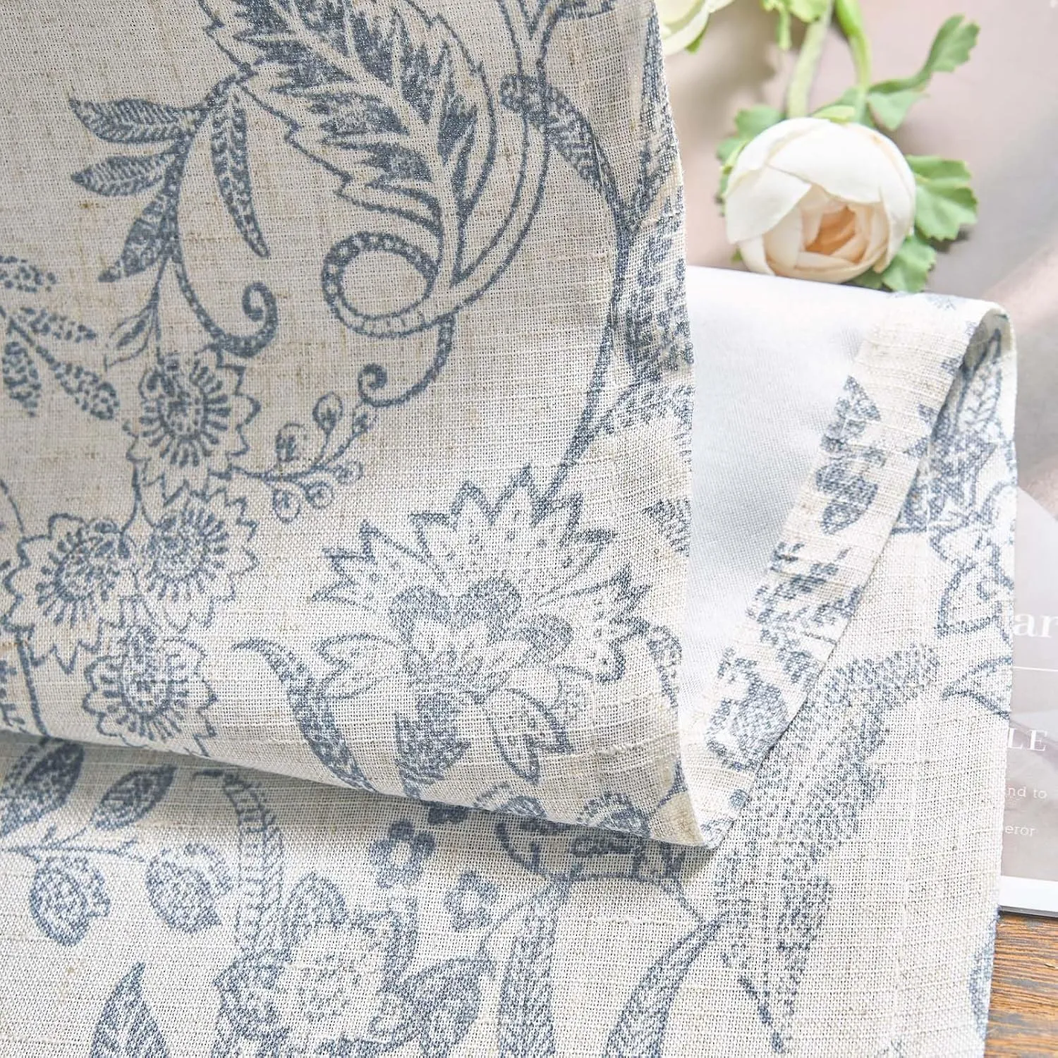 Lazzzy Blue Floral Lined Curtains Farmhouse Linen 84 Inches Length Back Tab Drapes for Living Room Bedroom Flower Patterned Country Vintage 2 Panels Set Rod Pocket Green on Beige