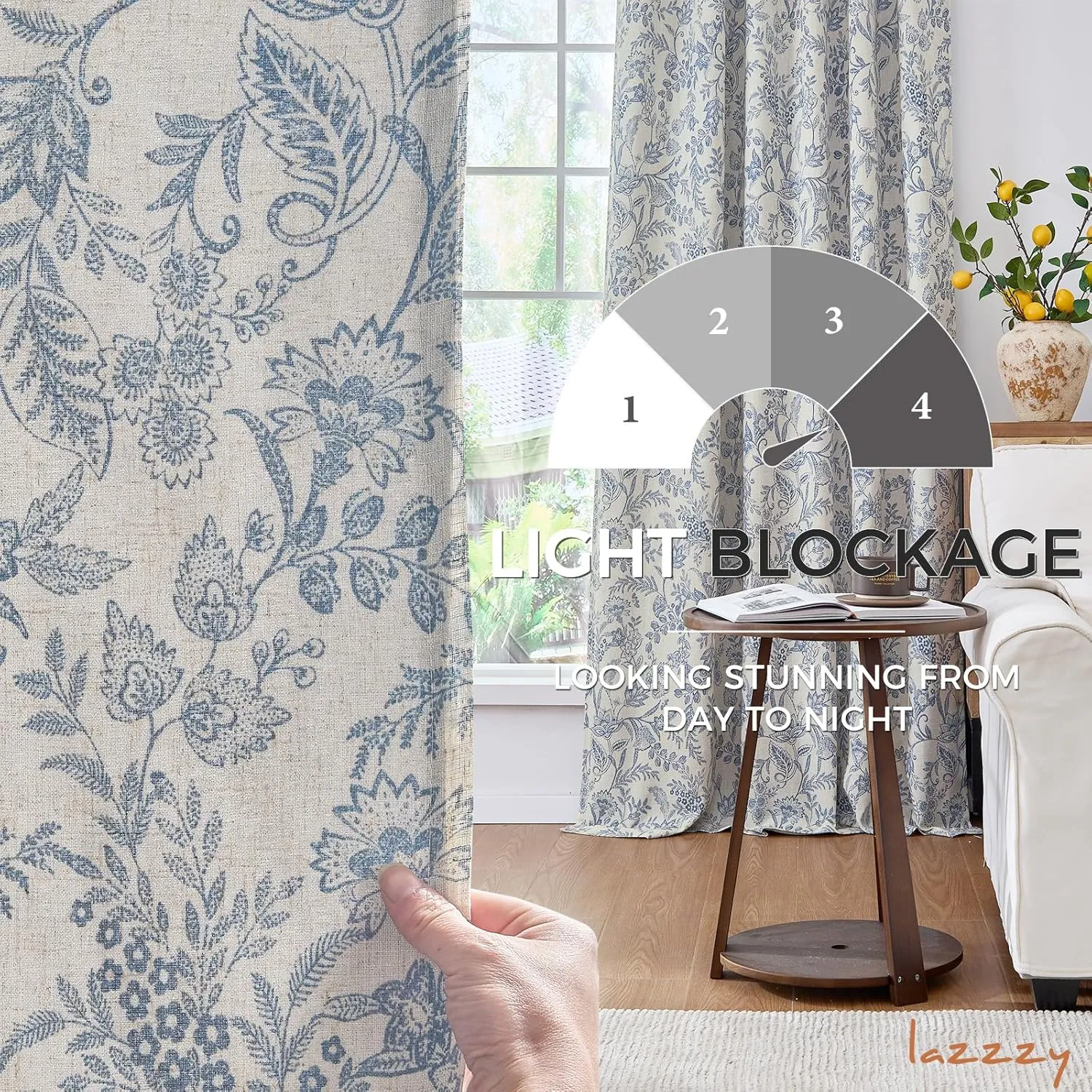 Lazzzy Blue Floral Lined Curtains Farmhouse Linen 84 Inches Length Back Tab Drapes for Living Room Bedroom Flower Patterned Country Vintage 2 Panels Set Rod Pocket Green on Beige