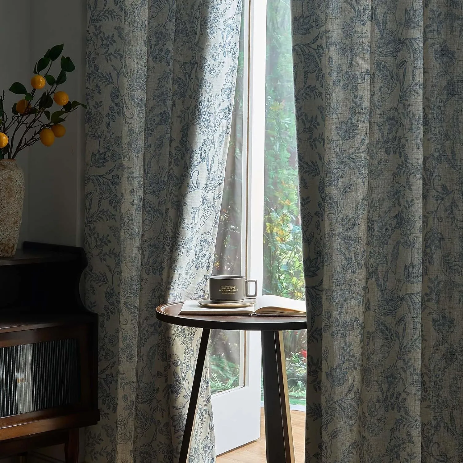 Lazzzy Blue Floral Lined Curtains Farmhouse Linen 84 Inches Length Back Tab Drapes for Living Room Bedroom Flower Patterned Country Vintage 2 Panels Set Rod Pocket Green on Beige
