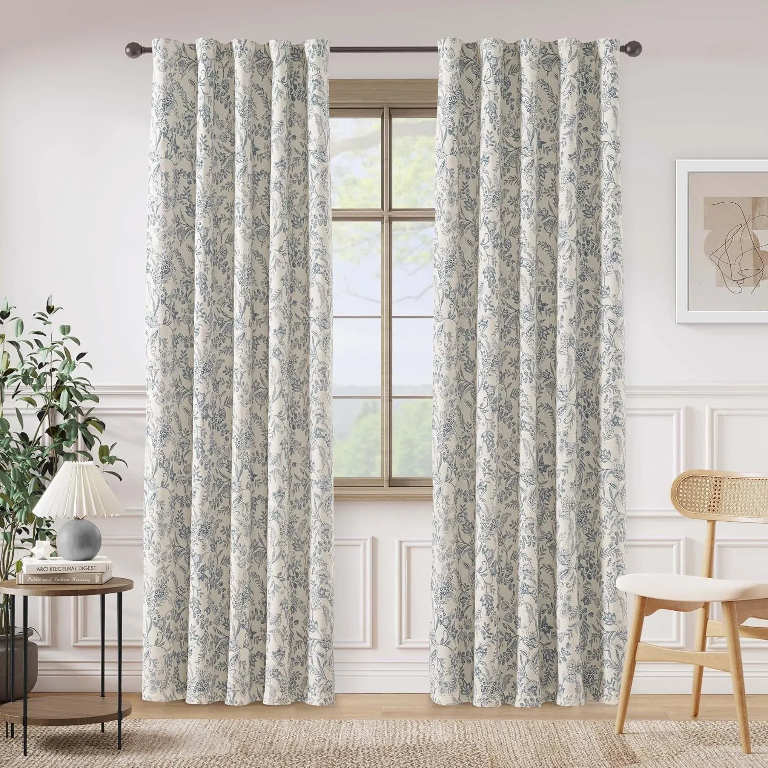Lazzzy Blue Floral Lined Curtains Farmhouse Linen 84 Inches Length Back Tab Drapes for Living Room Bedroom Flower Patterned Country Vintage 2 Panels Set Rod Pocket Green on Beige