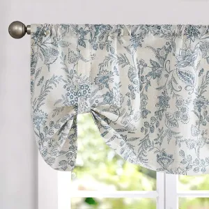 Lazzzy Blue Floral Tie Up Valance Curtain Linen Farmhouse Valance for Kitchen Living Room Bathroom Bedroom Country Valances Window Treatments Small Curtian 20 Inch Rod Pocket 1 Panel, Blue on Beige