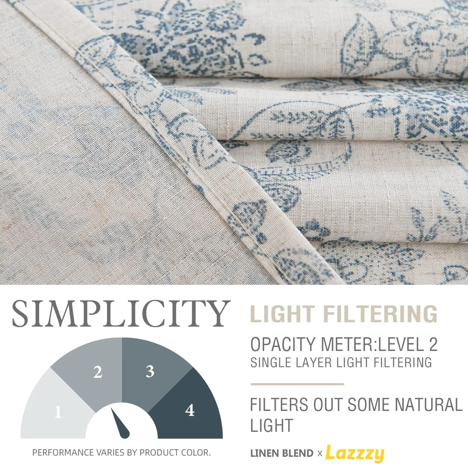 Lazzzy Blue Floral Tie Up Valance Curtain Linen Farmhouse Valance for Kitchen Living Room Bathroom Bedroom Country Valances Window Treatments Small Curtian 20 Inch Rod Pocket 1 Panel, Blue on Beige