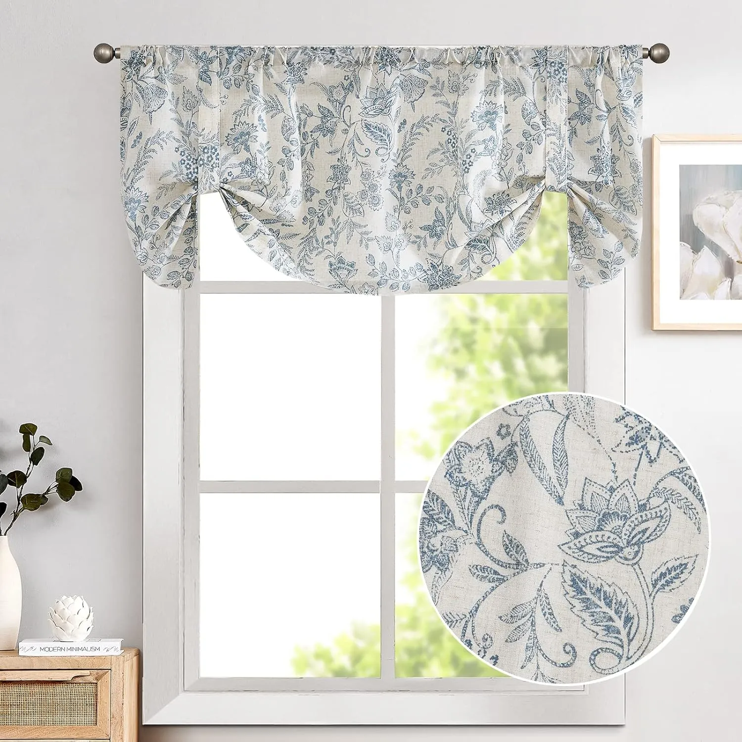 Lazzzy Blue Floral Tie Up Valance Curtain Linen Farmhouse Valance for Kitchen Living Room Bathroom Bedroom Country Valances Window Treatments Small Curtian 20 Inch Rod Pocket 1 Panel, Blue on Beige