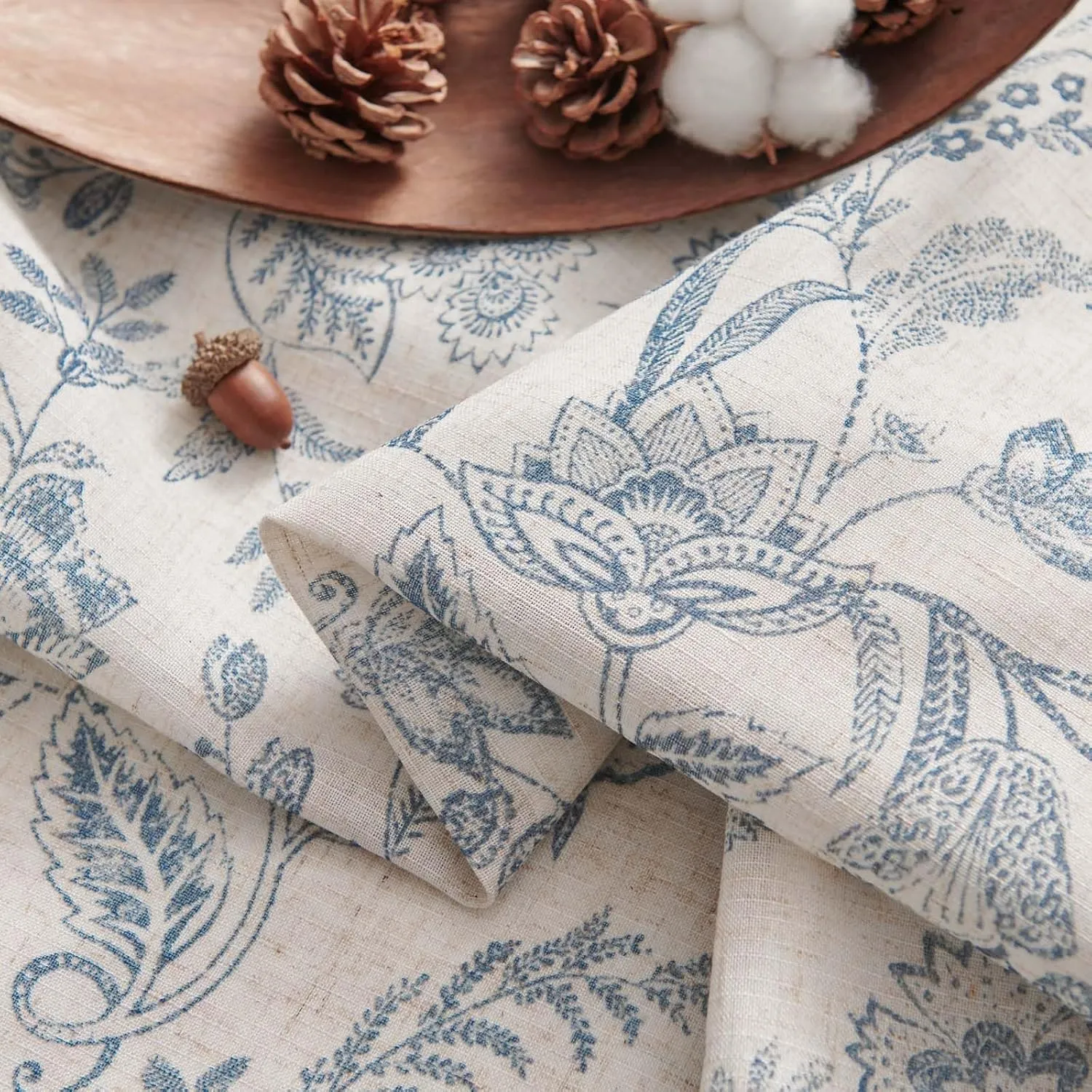 Lazzzy Farmhouse Valance Curtain Blue Linen Floral Lined Tie Up Valance for Kitchen Living Room Bathroom Country Valances Window Treatments Small Curtian 20 Inch Rod Pocket 1 Panel, Blue on Beige