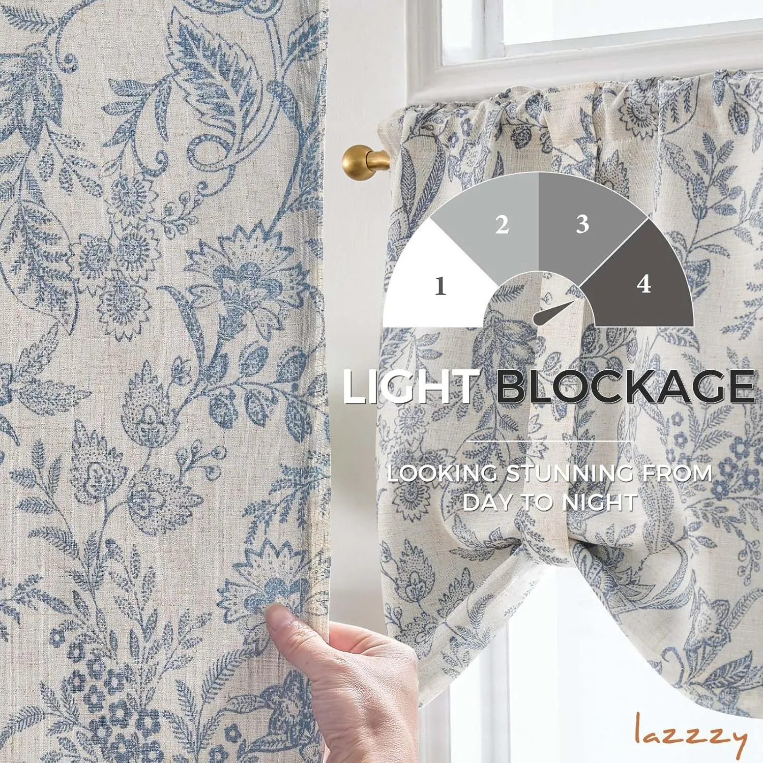 Lazzzy Farmhouse Valance Curtain Blue Linen Floral Lined Tie Up Valance for Kitchen Living Room Bathroom Country Valances Window Treatments Small Curtian 20 Inch Rod Pocket 1 Panel, Blue on Beige