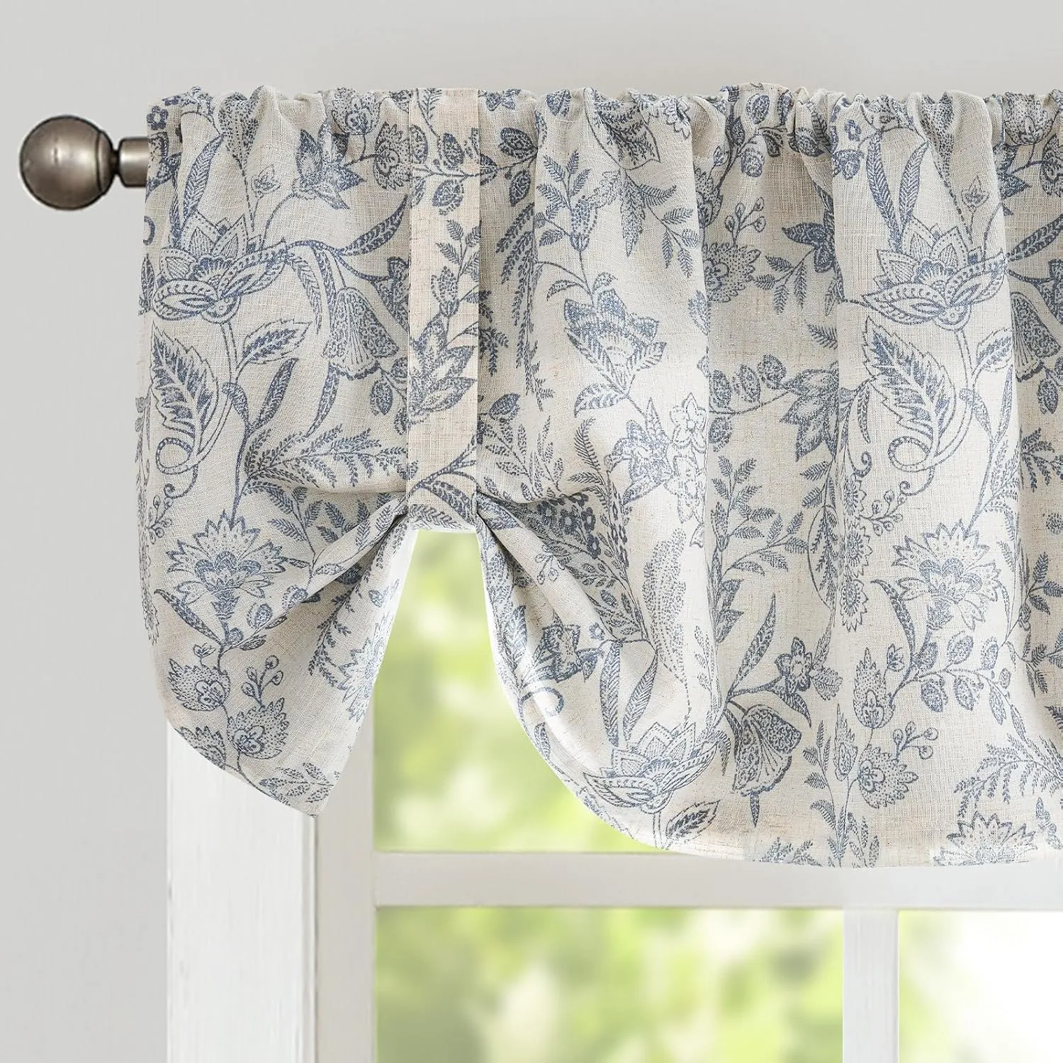 Lazzzy Farmhouse Valance Curtain Blue Linen Floral Lined Tie Up Valance for Kitchen Living Room Bathroom Country Valances Window Treatments Small Curtian 20 Inch Rod Pocket 1 Panel, Blue on Beige