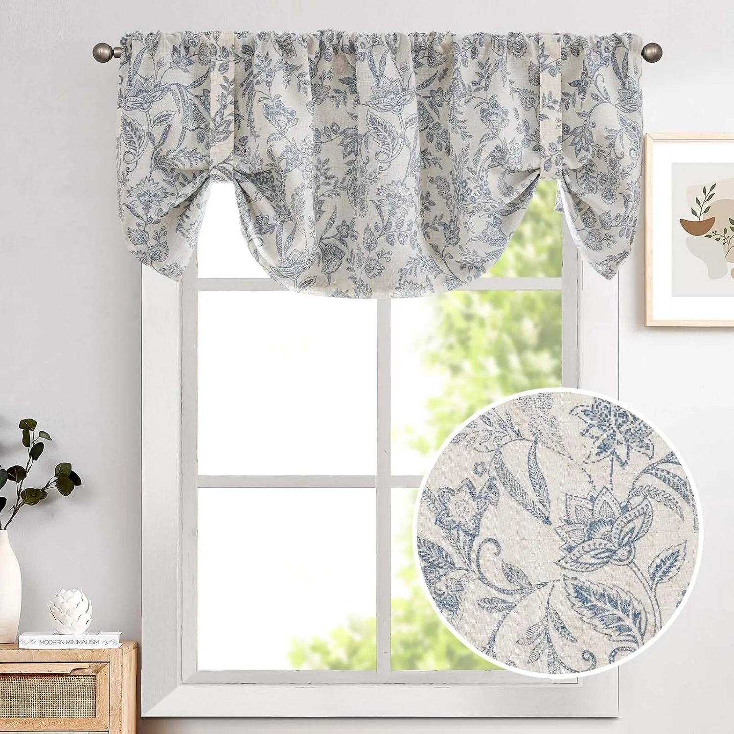 Lazzzy Farmhouse Valance Curtain Blue Linen Floral Lined Tie Up Valance for Kitchen Living Room Bathroom Country Valances Window Treatments Small Curtian 20 Inch Rod Pocket 1 Panel, Blue on Beige