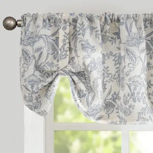 Lazzzy Farmhouse Valance Curtain Blue Linen Floral Lined Tie Up Valance for Kitchen Living Room Bathroom Country Valances Window Treatments Small Curtian 20 Inch Rod Pocket 1 Panel, Blue on Beige