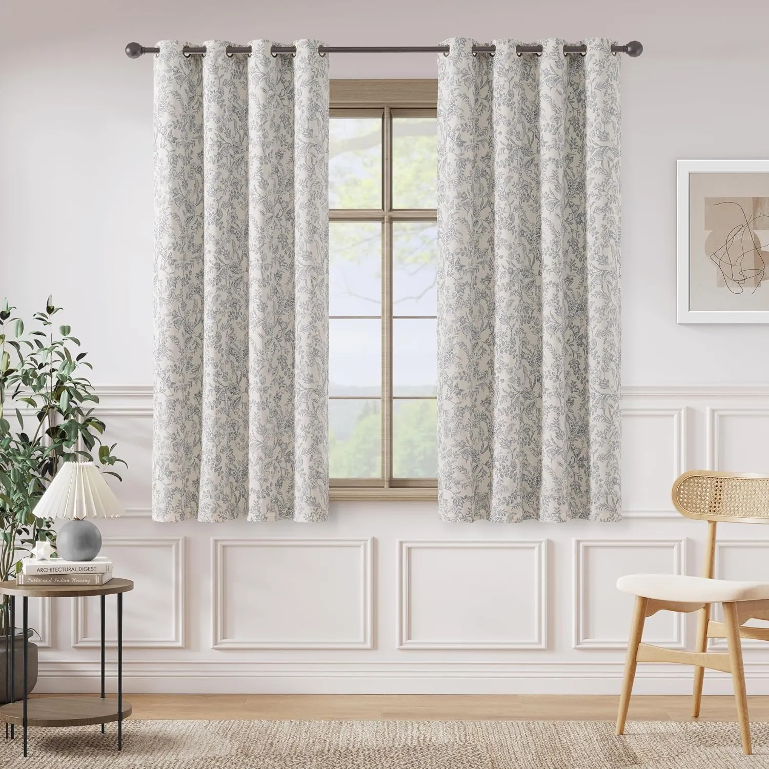 Lazzzy Floral Lined Curtains Grey Linen Farmhouse 63 Inches Long Grommet Top Drapes for Living Room Bedroom Country Flower Printed Vintage Curtains 2 Panels Set Gray on Beige