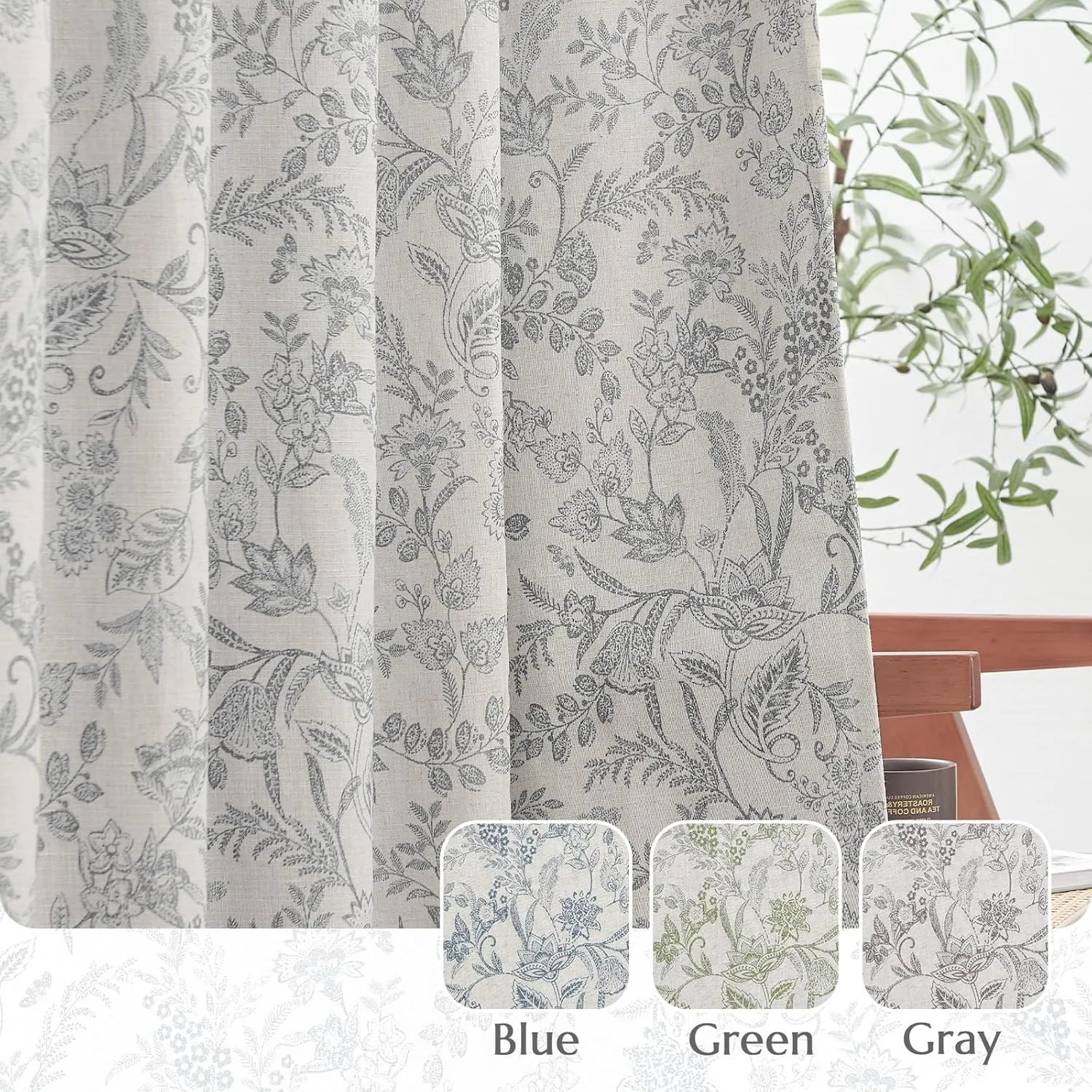 Lazzzy Floral Lined Curtains Grey Linen Farmhouse 63 Inches Long Grommet Top Drapes for Living Room Bedroom Country Flower Printed Vintage Curtains 2 Panels Set Gray on Beige