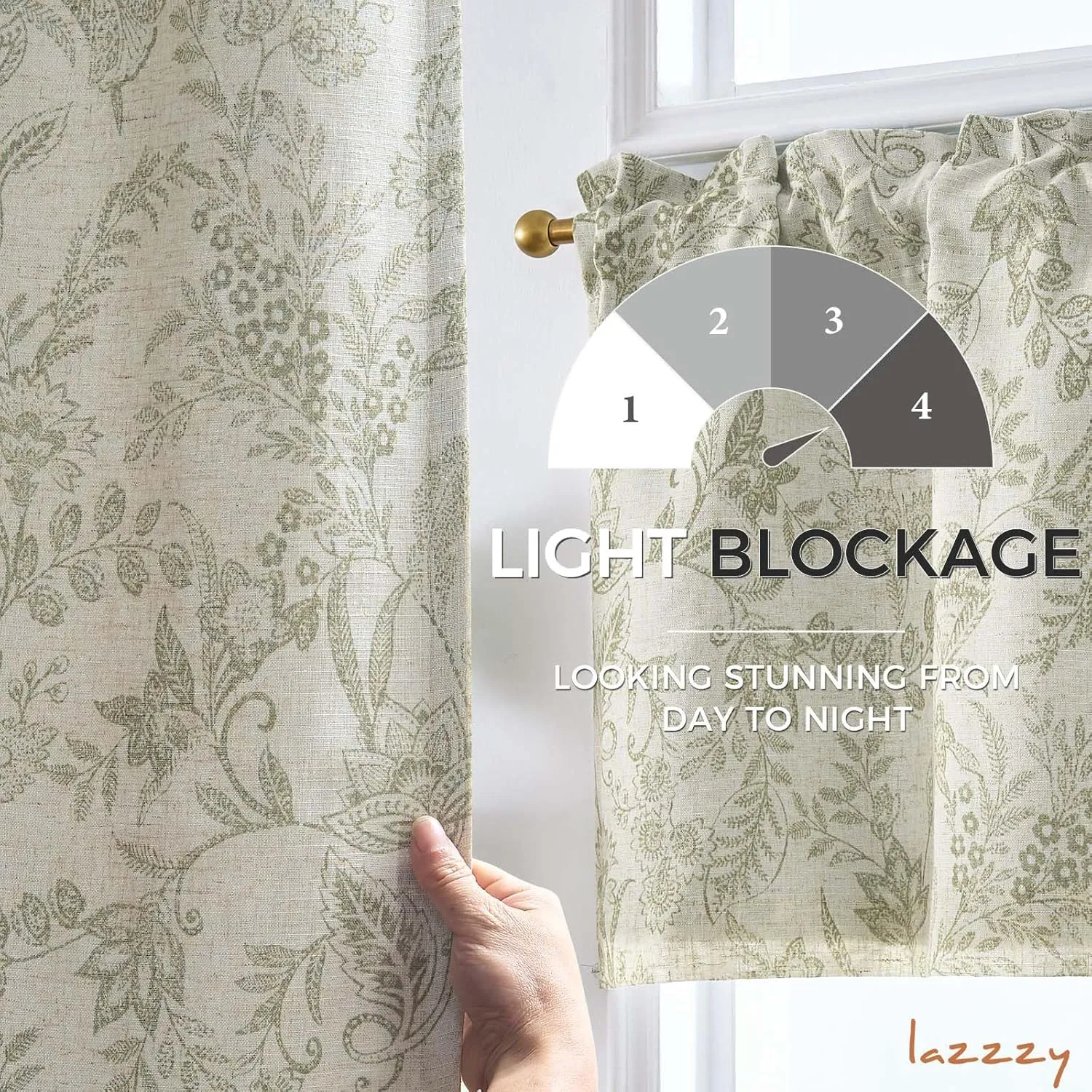Lazzzy Green Floral Kitchen Valance Curtain Linen Farmhouse Lined Valance for Living Room Bathroom Bedroom Country Valances Treatments Small Window Curtain 16 Inch Rod Pocket 1 Panel Green on Beige