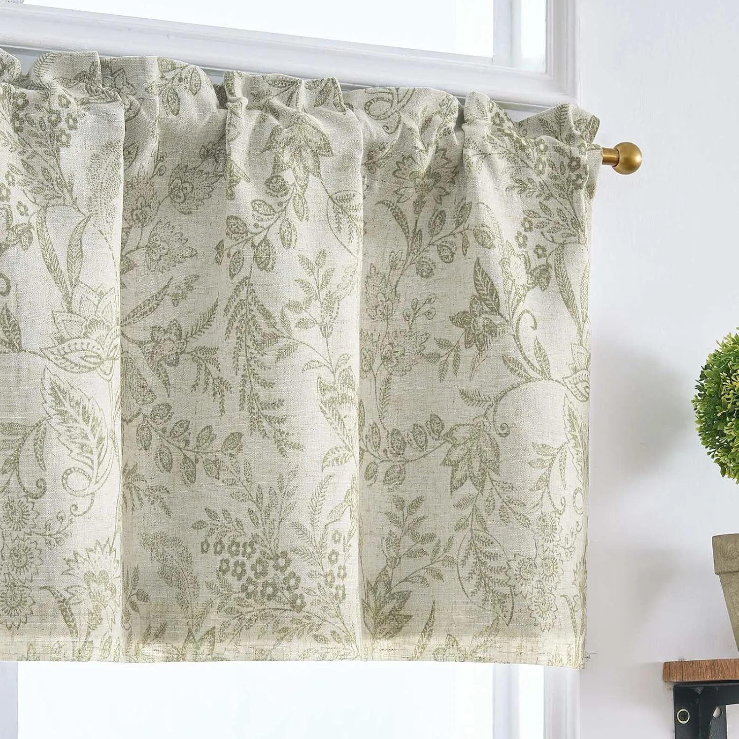 Lazzzy Green Floral Kitchen Valance Curtain Linen Farmhouse Lined Valance for Living Room Bathroom Bedroom Country Valances Treatments Small Window Curtain 16 Inch Rod Pocket 1 Panel Green on Beige