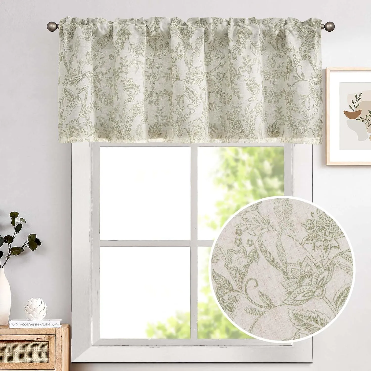 Lazzzy Green Floral Kitchen Valance Curtain Linen Farmhouse Lined Valance for Living Room Bathroom Bedroom Country Valances Treatments Small Window Curtain 16 Inch Rod Pocket 1 Panel Green on Beige