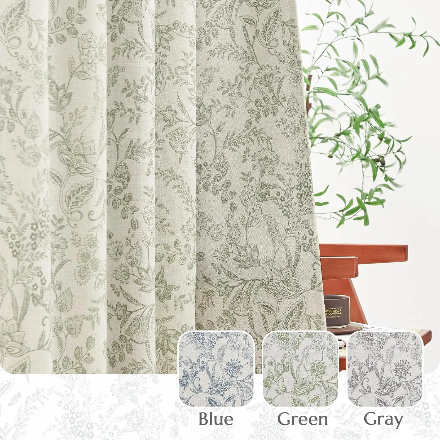 Lazzzy Green Floral Lined Curtains Linen Farmhouse 63 Inch Length Grommet Top Drapes for Living Room Bedroom Patterned Country Vintage Flower Curtains 2 Panels Set Green on Beige