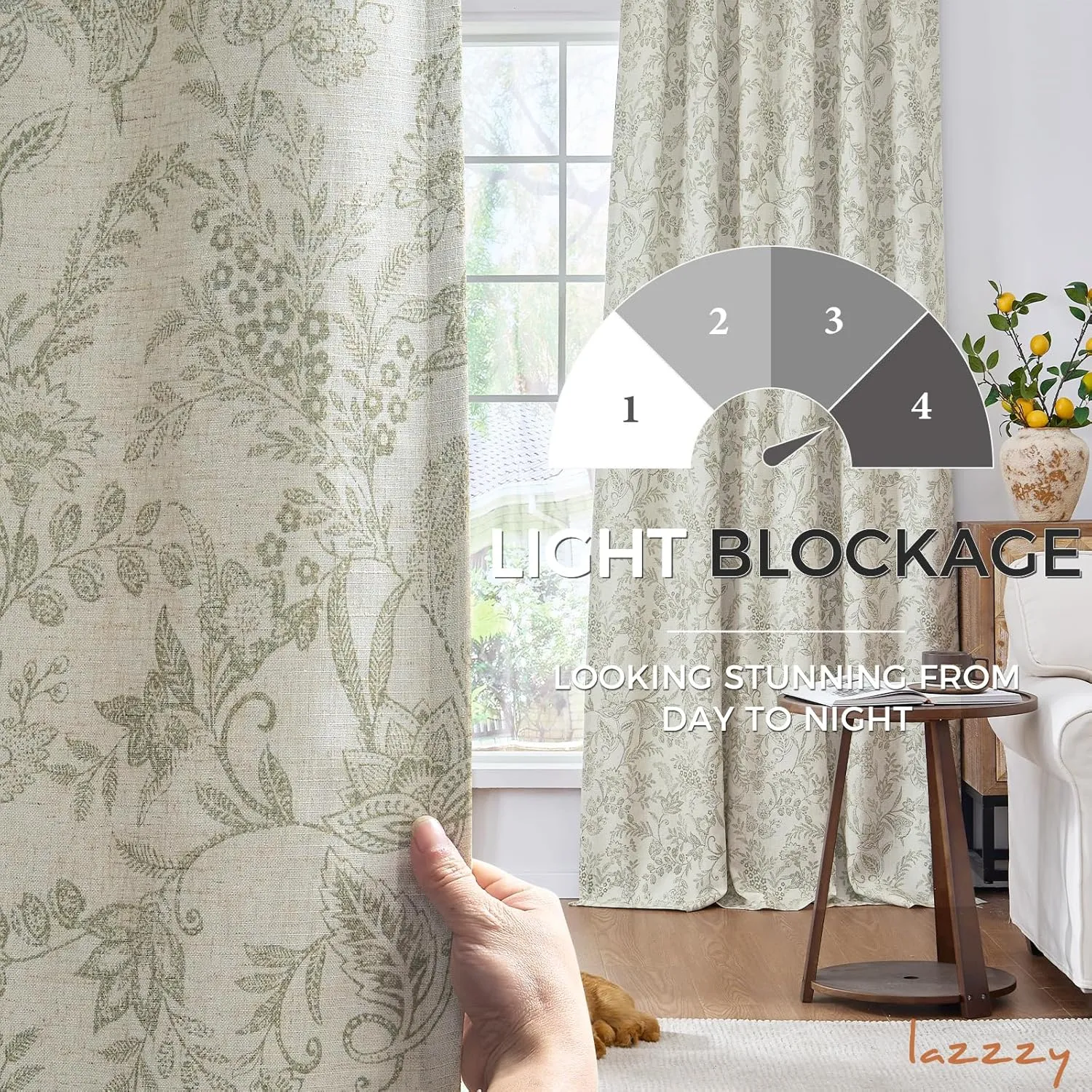 Lazzzy Green Floral Lined Curtains Linen Farmhouse 63 Inch Length Grommet Top Drapes for Living Room Bedroom Patterned Country Vintage Flower Curtains 2 Panels Set Green on Beige