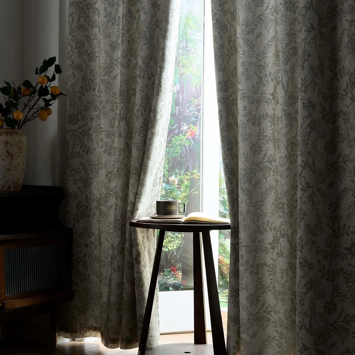 Lazzzy Green Floral Lined Curtains Linen Farmhouse 63 Inch Length Grommet Top Drapes for Living Room Bedroom Patterned Country Vintage Flower Curtains 2 Panels Set Green on Beige
