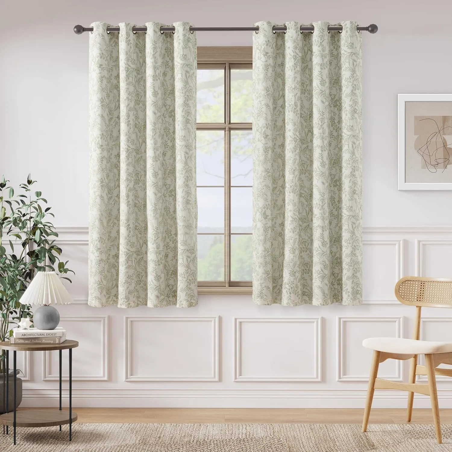 Lazzzy Green Floral Lined Curtains Linen Farmhouse 63 Inch Length Grommet Top Drapes for Living Room Bedroom Patterned Country Vintage Flower Curtains 2 Panels Set Green on Beige