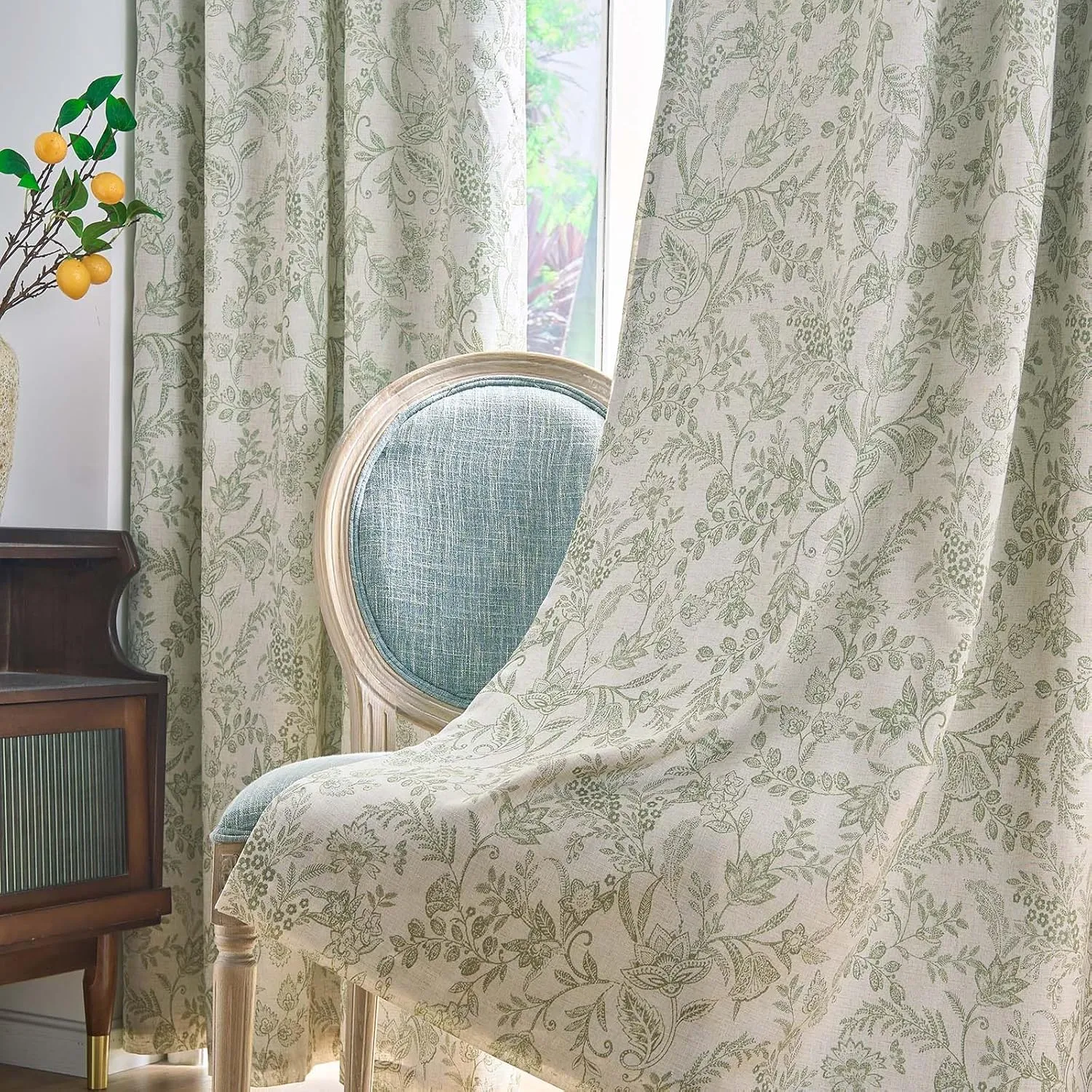 Lazzzy Green Floral Lined Curtains Linen Farmhouse 63 Inch Length Grommet Top Drapes for Living Room Bedroom Patterned Country Vintage Flower Curtains 2 Panels Set Green on Beige