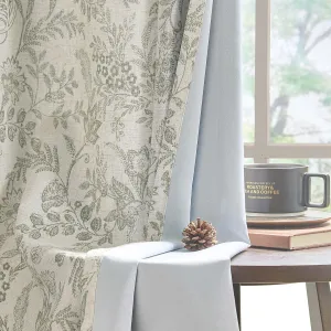 Lazzzy Green Floral Lined Curtains Linen Farmhouse 63 Inch Length Grommet Top Drapes for Living Room Bedroom Patterned Country Vintage Flower Curtains 2 Panels Set Green on Beige