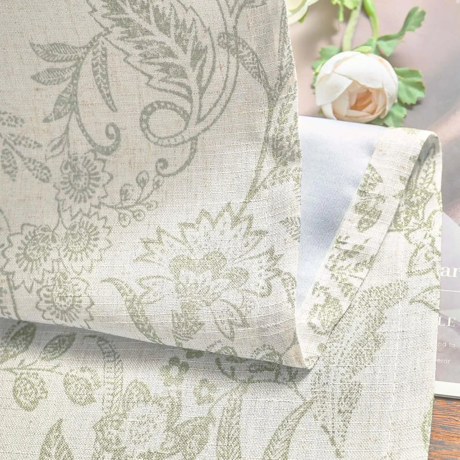 Lazzzy Green Floral Lined Curtains Linen Farmhouse 63 Inch Length Grommet Top Drapes for Living Room Bedroom Patterned Country Vintage Flower Curtains 2 Panels Set Green on Beige