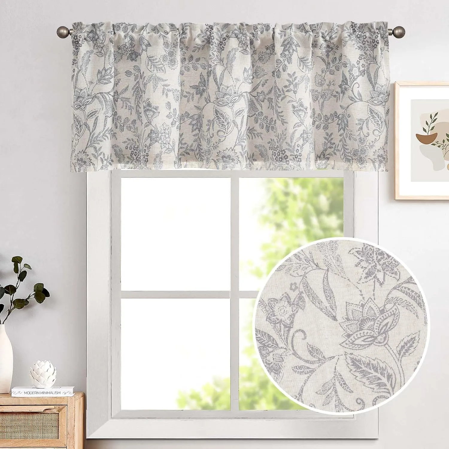 Lazzzy Grey Floral Kitchen Valance Curtain Linen Farmhouse Lined Valance for Living Room Bathroom Bedroom Valances Window Treatments Small Window Cafe Curtain 16 Inch Rod Pocket 1 Panel Gray on Beige