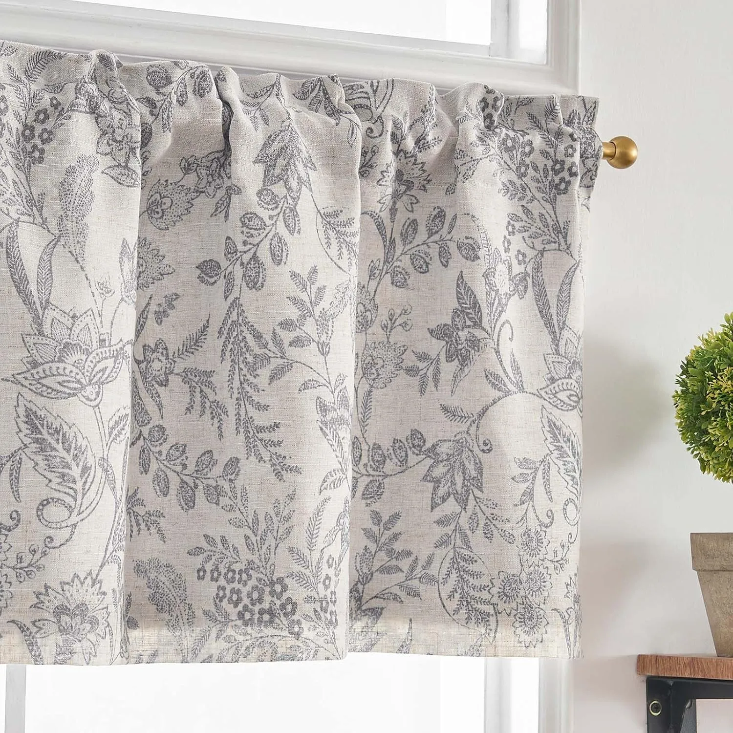 Lazzzy Grey Floral Kitchen Valance Curtain Linen Farmhouse Lined Valance for Living Room Bathroom Bedroom Valances Window Treatments Small Window Cafe Curtain 16 Inch Rod Pocket 1 Panel Gray on Beige