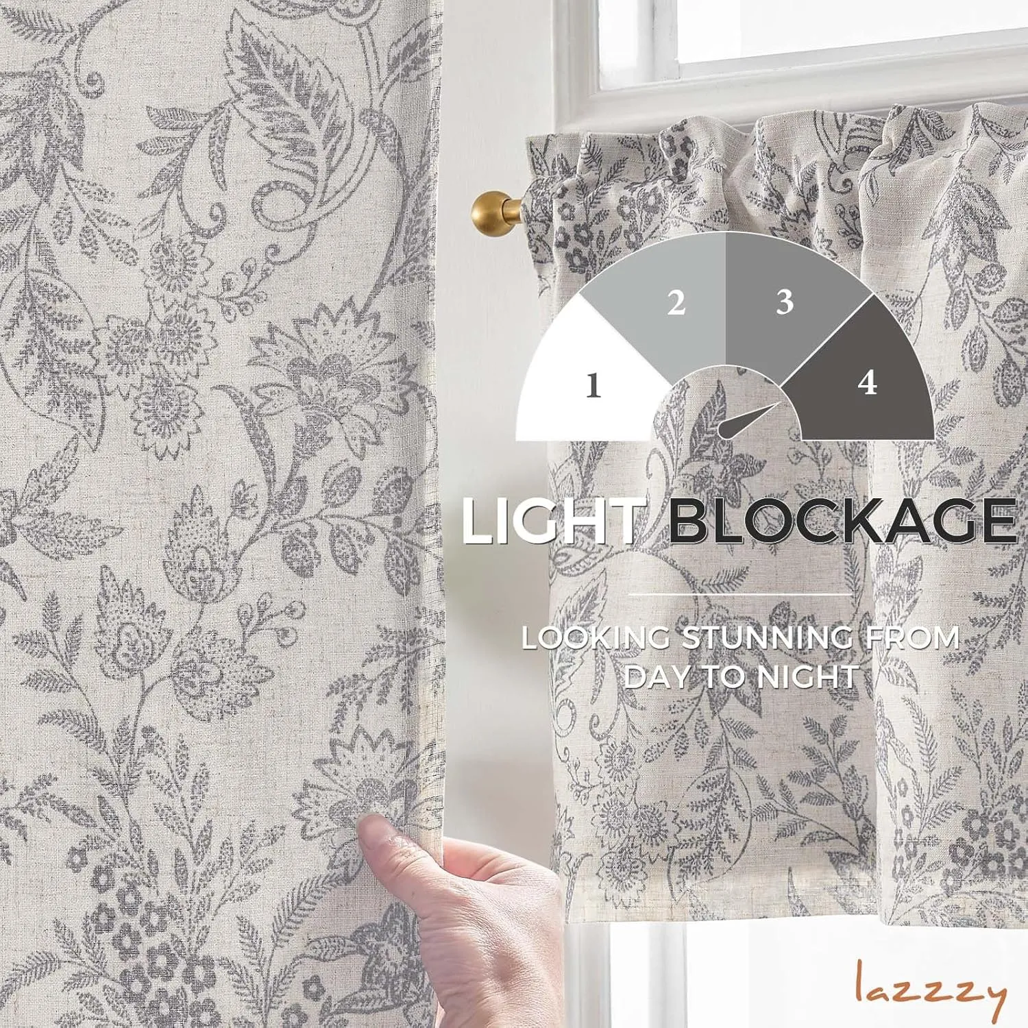 Lazzzy Grey Floral Kitchen Valance Curtain Linen Farmhouse Lined Valance for Living Room Bathroom Bedroom Valances Window Treatments Small Window Cafe Curtain 16 Inch Rod Pocket 1 Panel Gray on Beige
