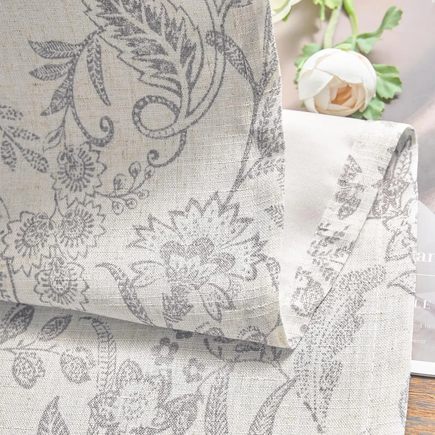 Lazzzy Grey Floral Lined Curtains Linen Farmhouse 84 Inches Long Back Tab Drapes for Living Room Bedroom Country Vintage Flower Printed 2 Panels Set Rod Pocket Gray on Beige