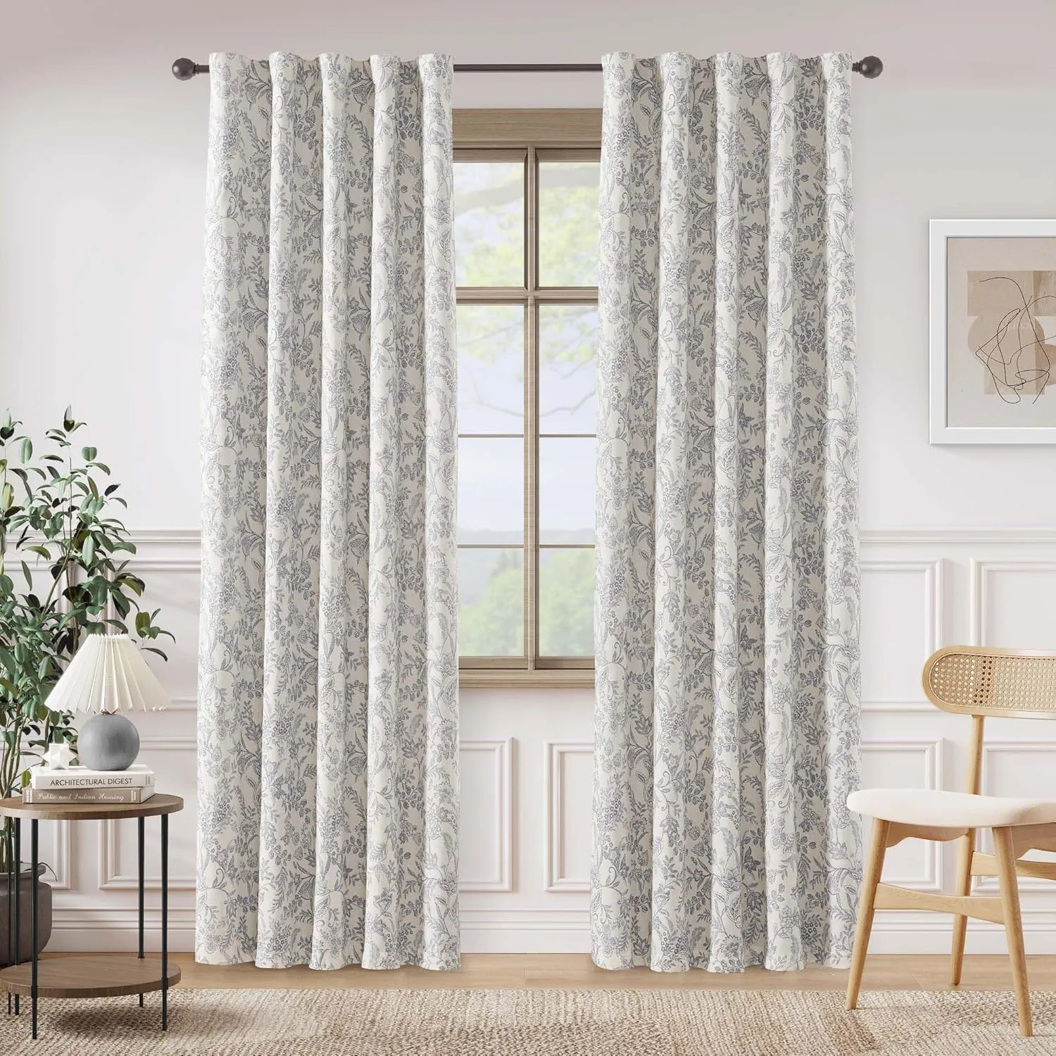 Lazzzy Grey Floral Lined Curtains Linen Farmhouse 84 Inches Long Back Tab Drapes for Living Room Bedroom Country Vintage Flower Printed 2 Panels Set Rod Pocket Gray on Beige