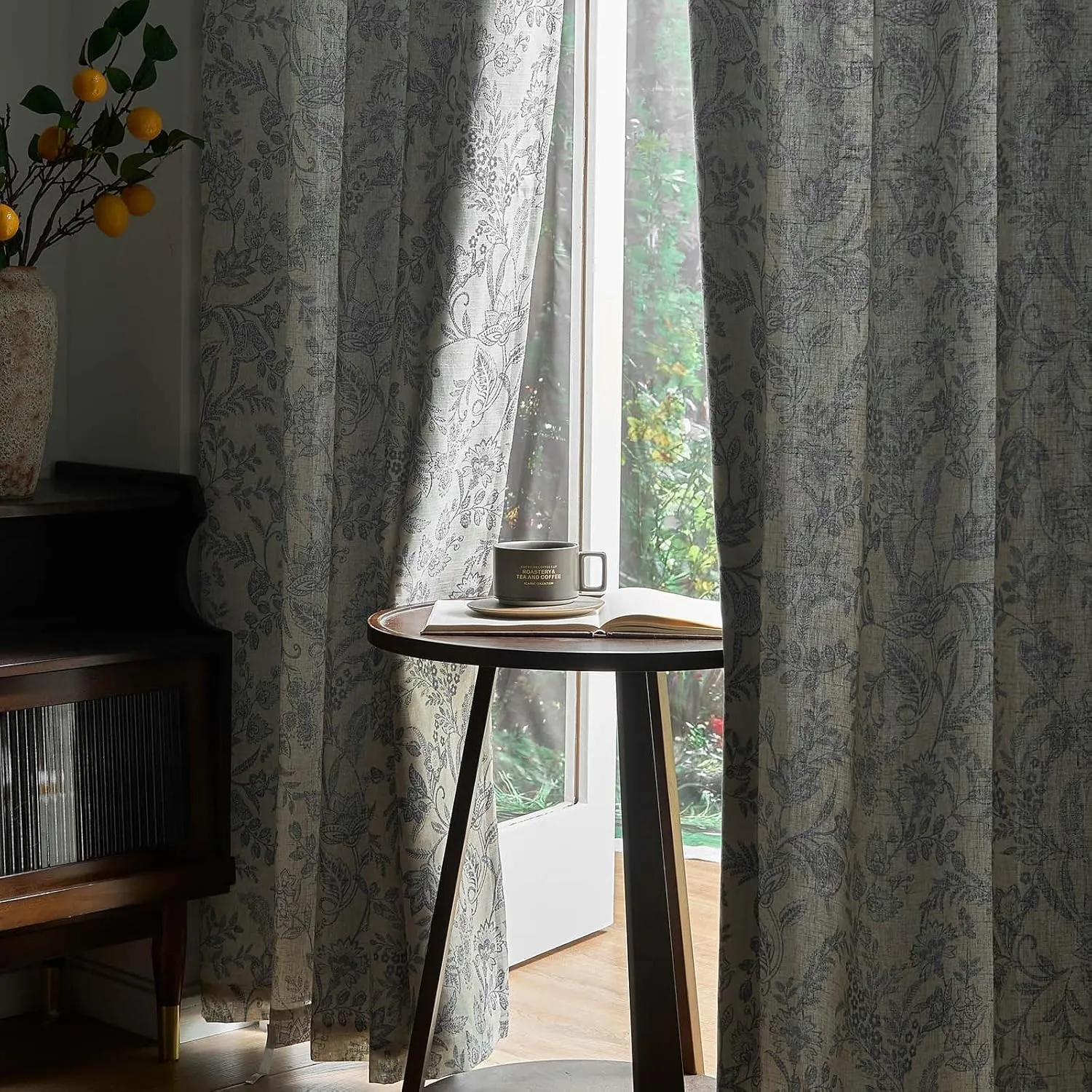Lazzzy Grey Floral Lined Curtains Linen Farmhouse 84 Inches Long Back Tab Drapes for Living Room Bedroom Country Vintage Flower Printed 2 Panels Set Rod Pocket Gray on Beige