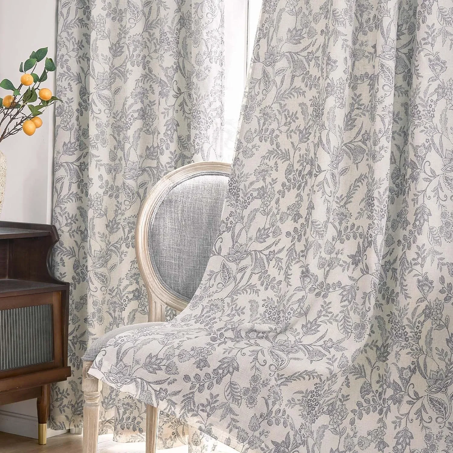 Lazzzy Grey Floral Lined Curtains Linen Farmhouse 84 Inches Long Back Tab Drapes for Living Room Bedroom Country Vintage Flower Printed 2 Panels Set Rod Pocket Gray on Beige
