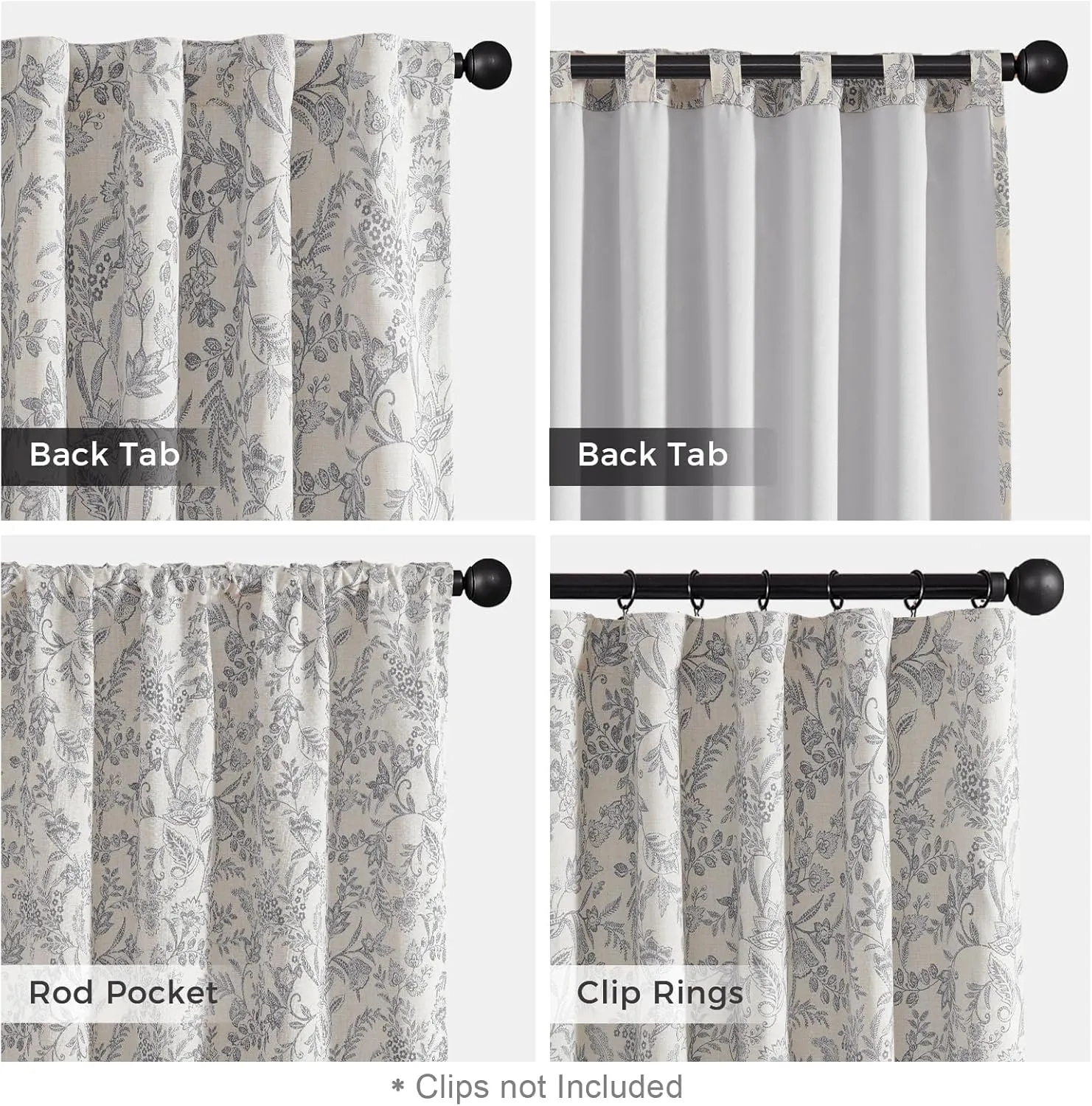 Lazzzy Grey Floral Lined Curtains Linen Farmhouse 84 Inches Long Back Tab Drapes for Living Room Bedroom Country Vintage Flower Printed 2 Panels Set Rod Pocket Gray on Beige