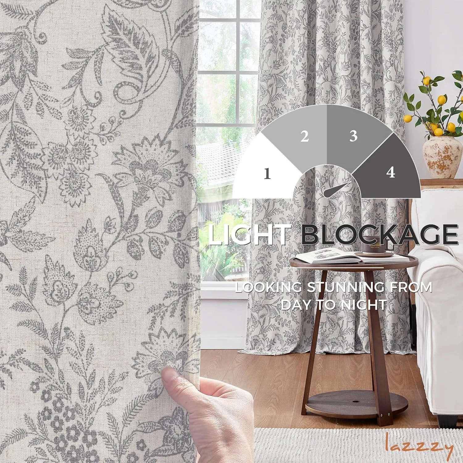 Lazzzy Grey Floral Lined Curtains Linen Farmhouse 84 Inches Long Back Tab Drapes for Living Room Bedroom Country Vintage Flower Printed 2 Panels Set Rod Pocket Gray on Beige
