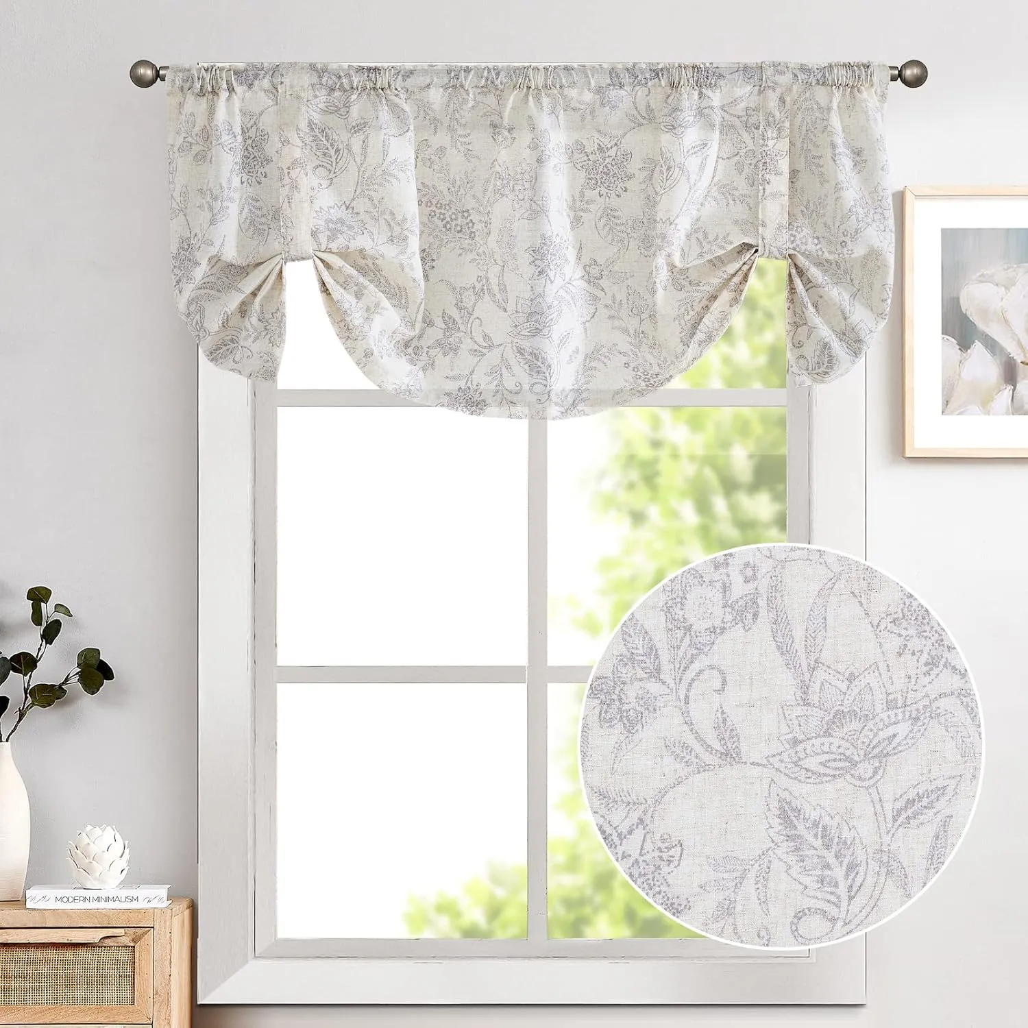 Lazzzy Grey Floral Tie Up Valance Curtain Linen Farmhouse Valance for Kitchen Bathroom Bedroom Country Valances Window Treatments Cafe Curtian 20 Inch Rod Pocket 1 Panel, Purple Gray on Beige