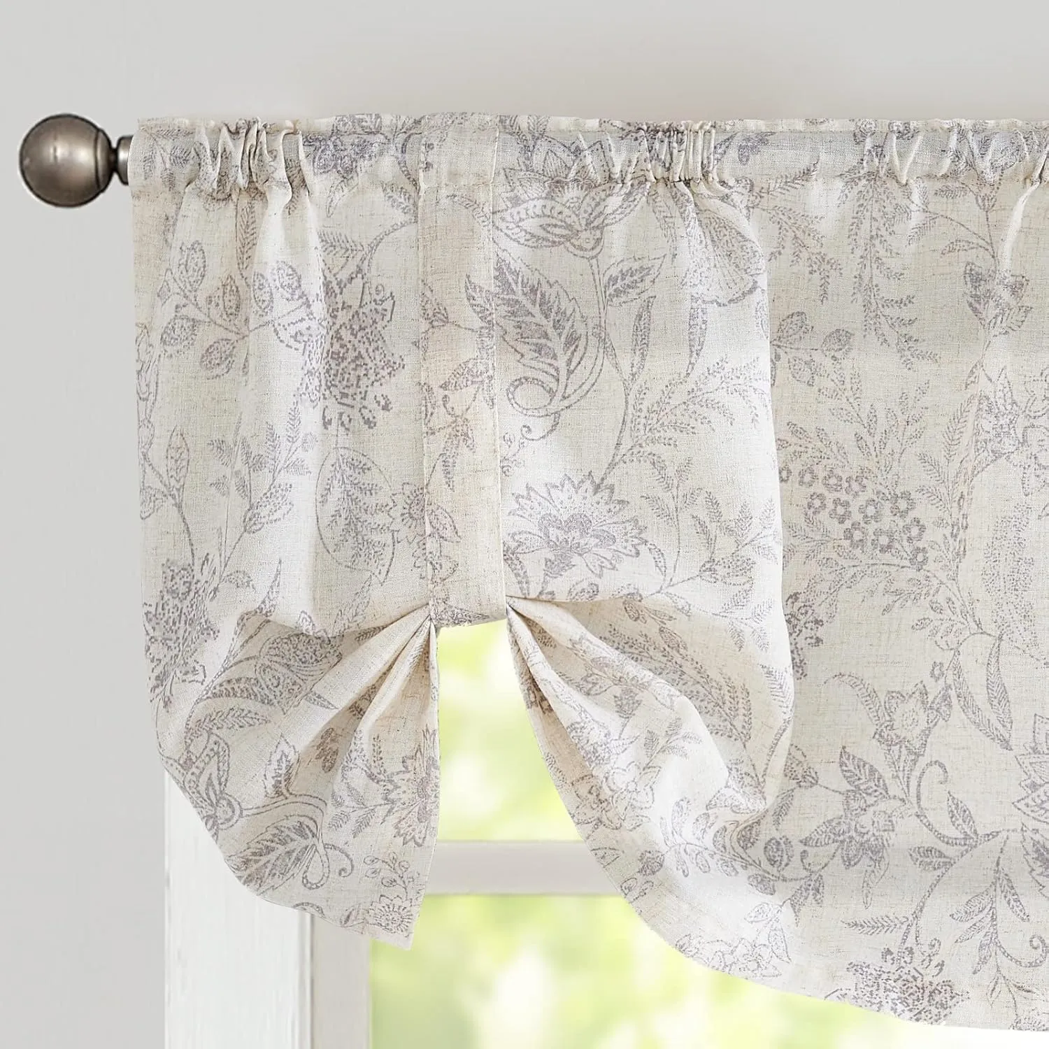 Lazzzy Grey Floral Tie Up Valance Curtain Linen Farmhouse Valance for Kitchen Bathroom Bedroom Country Valances Window Treatments Cafe Curtian 20 Inch Rod Pocket 1 Panel, Purple Gray on Beige