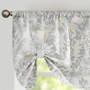 Lazzzy Grey Floral Tie Up Valance Curtain Linen Farmhouse Valance for Kitchen Living Room Bathroom Bedroom Valances Window Treatments Cafe Curtian 20 Inch Rod Pocket 1 Panel, Gray on Beige