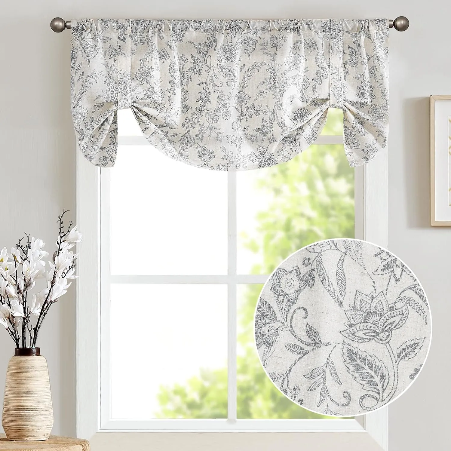 Lazzzy Grey Floral Tie Up Valance Curtain Linen Farmhouse Valance for Kitchen Living Room Bathroom Bedroom Valances Window Treatments Cafe Curtian 20 Inch Rod Pocket 1 Panel, Gray on Beige