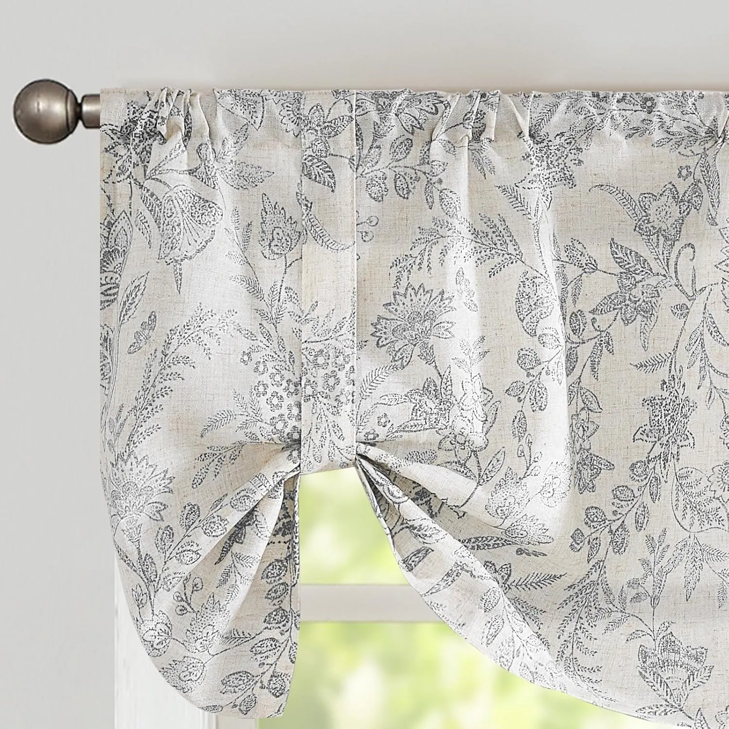 Lazzzy Grey Floral Tie Up Valance Curtain Linen Farmhouse Valance for Kitchen Living Room Bathroom Bedroom Valances Window Treatments Cafe Curtian 20 Inch Rod Pocket 1 Panel, Gray on Beige