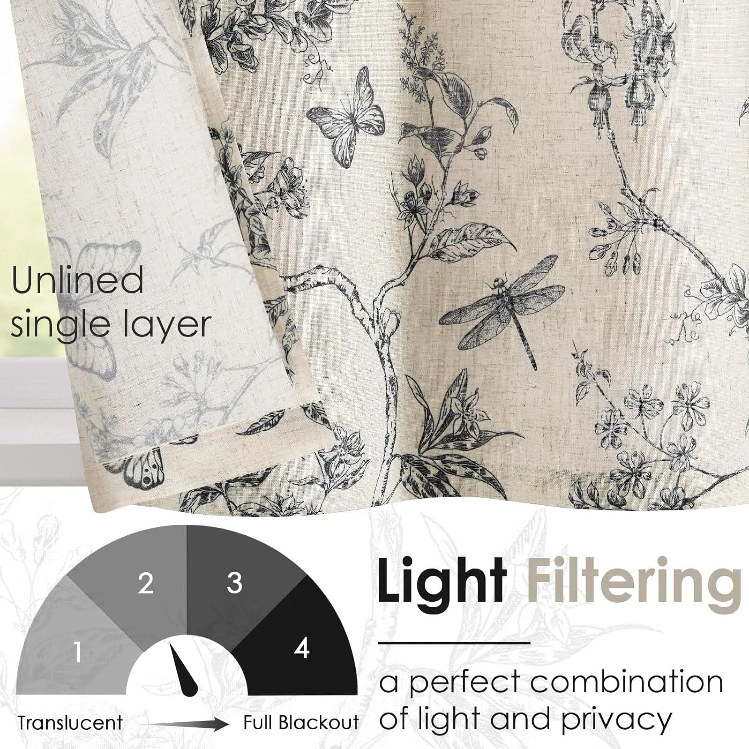 Lazzzy Kitchen Tie Up Valance Curtain Linen Floral Farmhouse Valance for Living Room Bathroom Bedroom Country Valances Window Treatments Small Cafe Curtian 20 Inch Rod Pocket 1 Panel Black on Beige