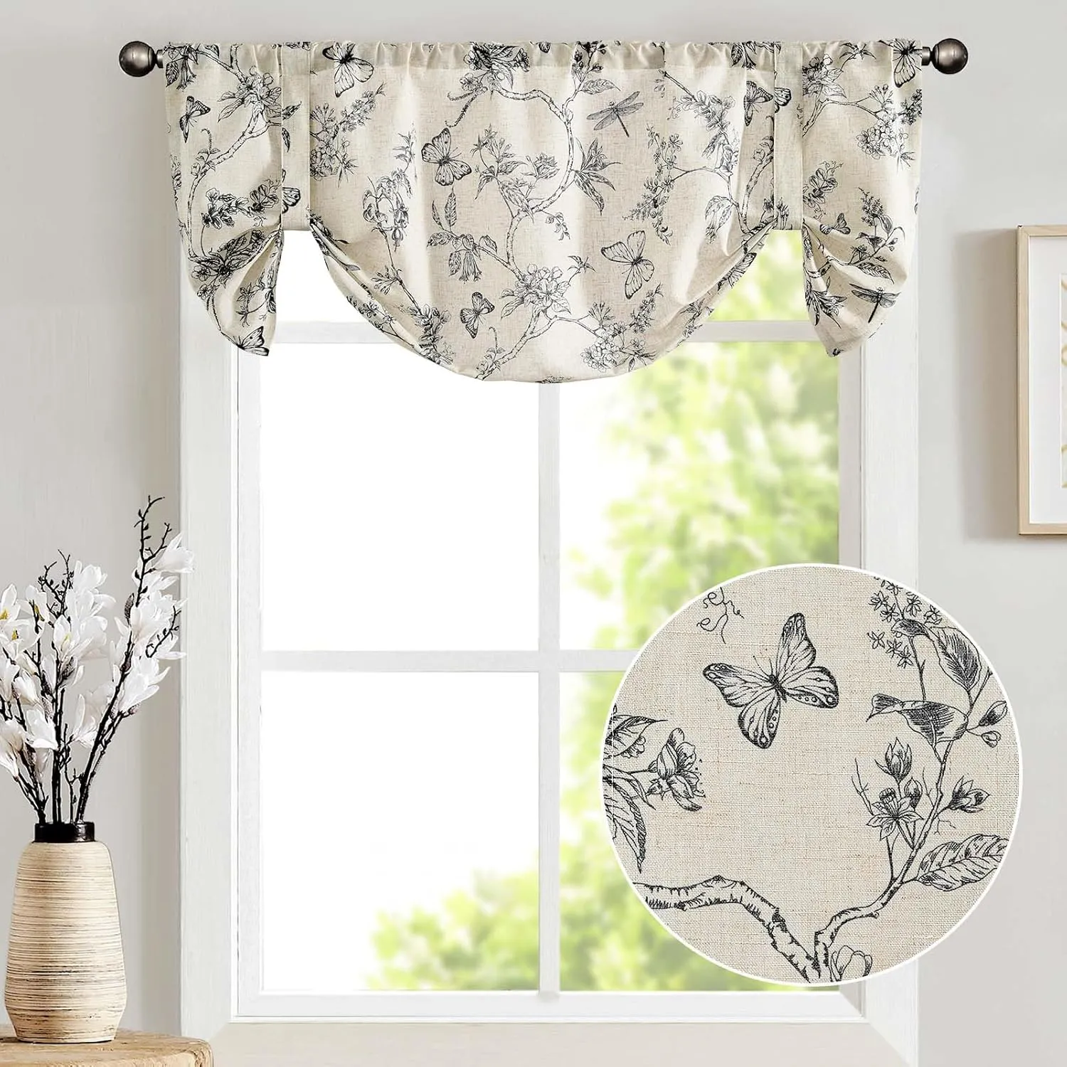 Lazzzy Kitchen Tie Up Valance Curtain Linen Floral Farmhouse Valance for Living Room Bathroom Bedroom Country Valances Window Treatments Small Cafe Curtian 20 Inch Rod Pocket 1 Panel Black on Beige