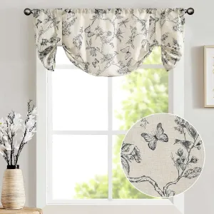 Lazzzy Kitchen Tie Up Valance Curtain Linen Floral Farmhouse Valance for Living Room Bathroom Bedroom Country Valances Window Treatments Small Cafe Curtian 20 Inch Rod Pocket 1 Panel Black on Beige