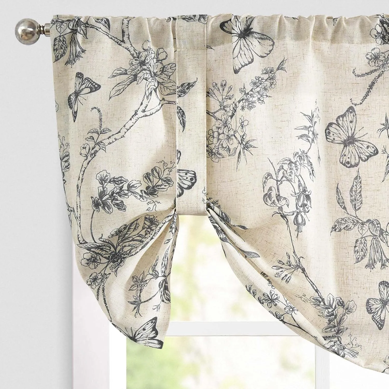 Lazzzy Kitchen Tie Up Valance Curtain Linen Floral Farmhouse Valance for Living Room Bathroom Bedroom Country Valances Window Treatments Small Cafe Curtian 20 Inch Rod Pocket 1 Panel Black on Beige