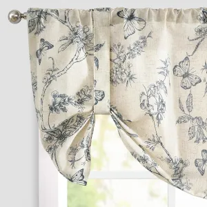 Lazzzy Kitchen Tie Up Valance Curtain Linen Floral Farmhouse Valance for Living Room Bathroom Bedroom Country Valances Window Treatments Small Cafe Curtian 20 Inch Rod Pocket 1 Panel Blue on Beige