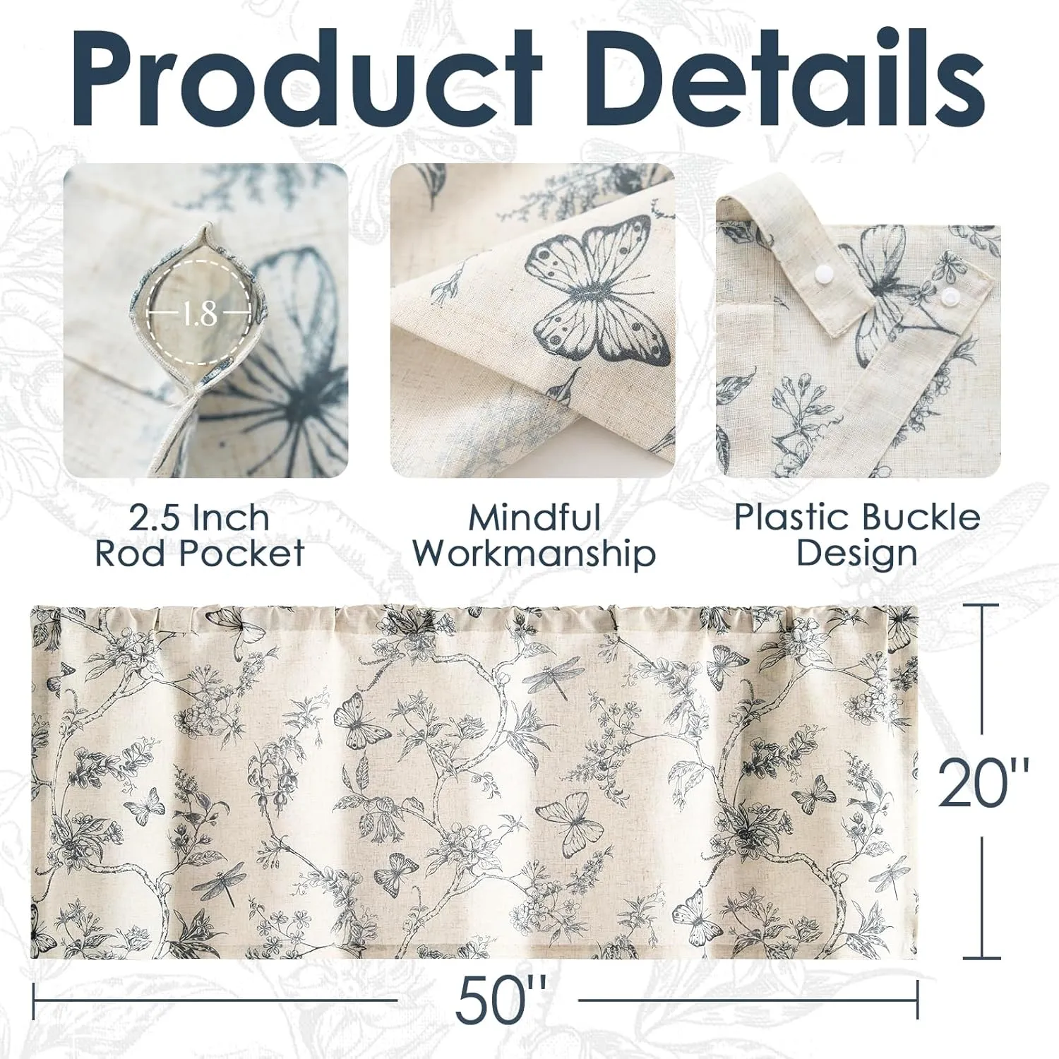 Lazzzy Kitchen Tie Up Valance Curtain Linen Floral Farmhouse Valance for Living Room Bathroom Bedroom Country Valances Window Treatments Small Cafe Curtian 20 Inch Rod Pocket 1 Panel Blue on Beige
