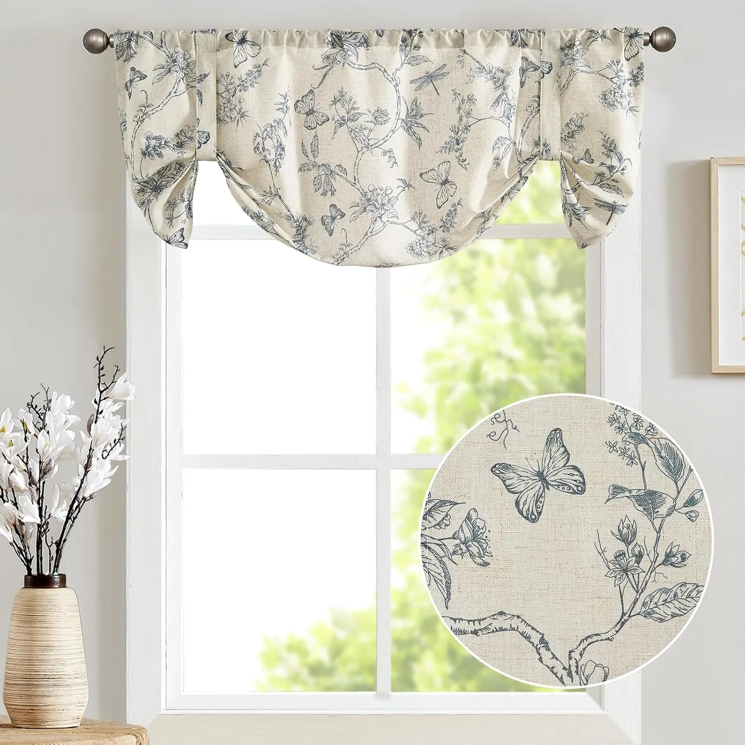 Lazzzy Kitchen Tie Up Valance Curtain Linen Floral Farmhouse Valance for Living Room Bathroom Bedroom Country Valances Window Treatments Small Cafe Curtian 20 Inch Rod Pocket 1 Panel Blue on Beige