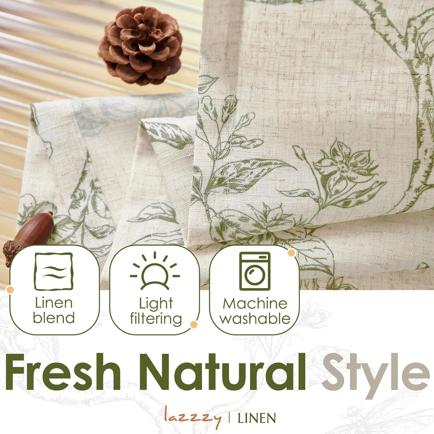 Lazzzy Kitchen Tie Up Valance Curtain Linen Floral Farmhouse Valance for Living Room Bathroom Bedroom Country Valances Window Treatments Small Cafe Curtian 20 Inch Rod Pocket 1 Panel Green on Beige