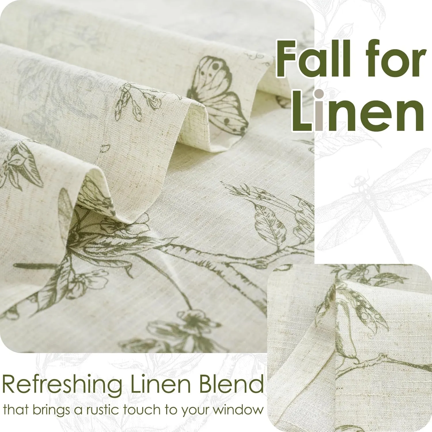 Lazzzy Kitchen Tie Up Valance Curtain Linen Floral Farmhouse Valance for Living Room Bathroom Bedroom Country Valances Window Treatments Small Cafe Curtian 20 Inch Rod Pocket 1 Panel Green on Beige