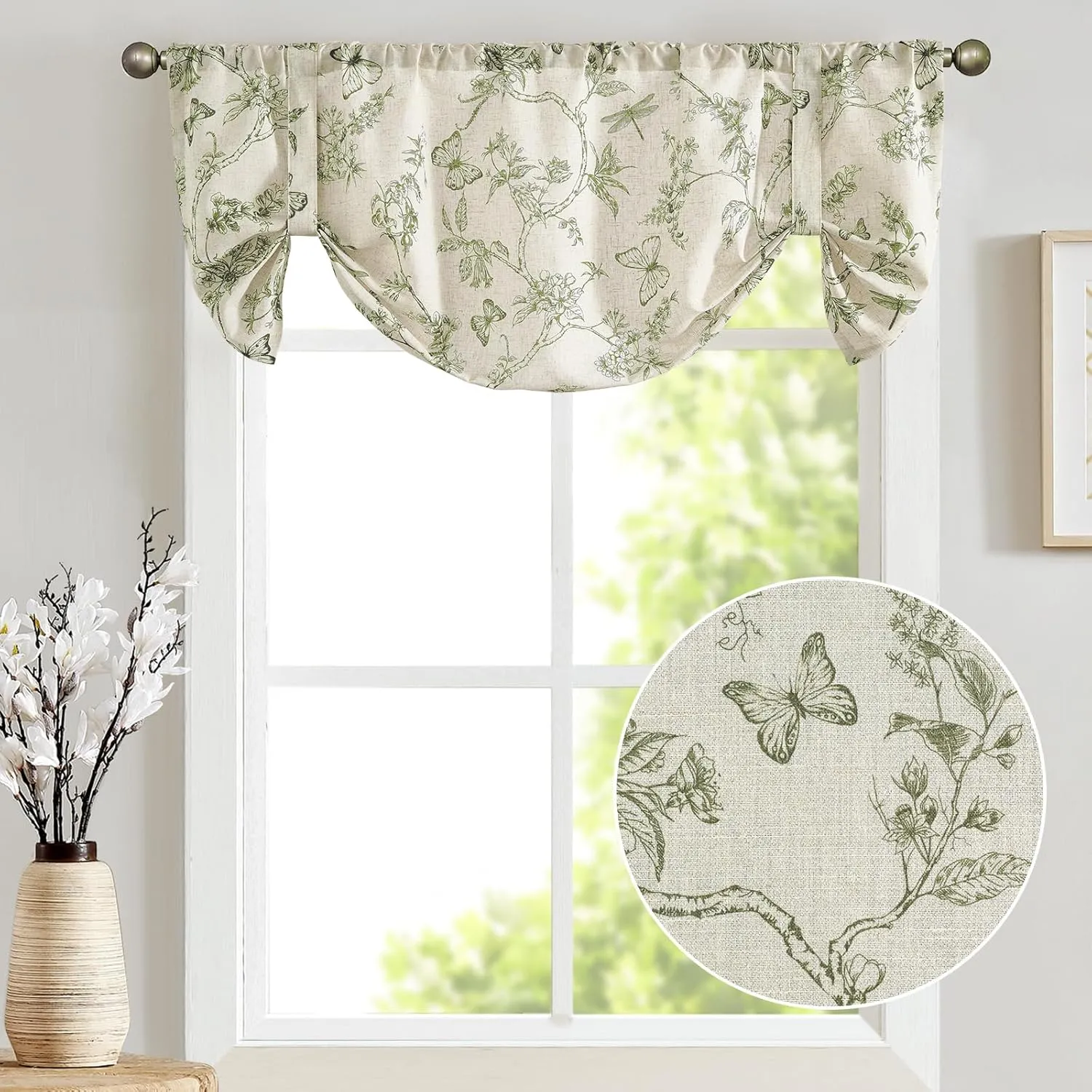 Lazzzy Kitchen Tie Up Valance Curtain Linen Floral Farmhouse Valance for Living Room Bathroom Bedroom Country Valances Window Treatments Small Cafe Curtian 20 Inch Rod Pocket 1 Panel Green on Beige