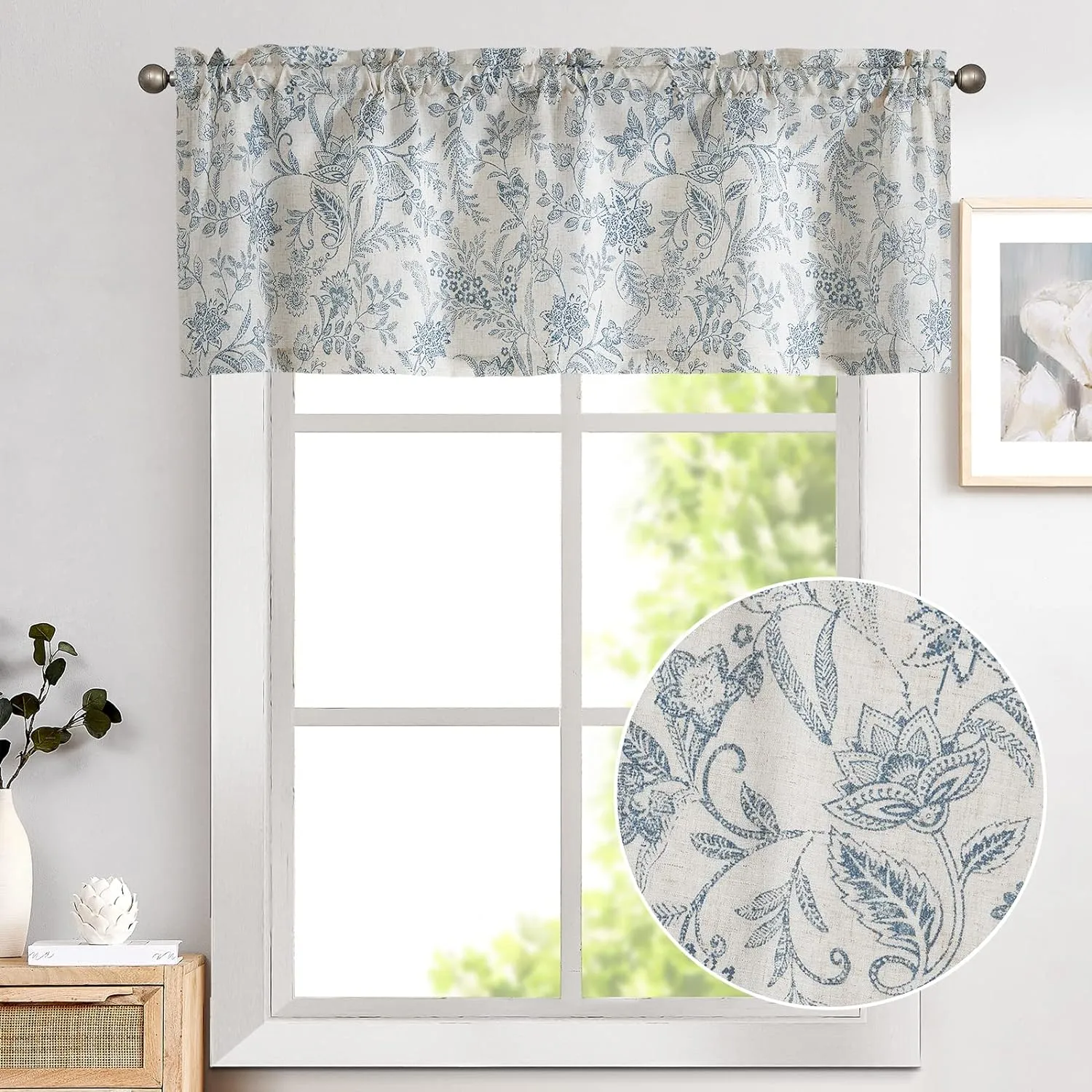 Lazzzy Kitchen Valance Curtain Linen Floral Farmhouse Valance for Living Room Bathroom Bedroom Country Valances Window Treatments Small Window Cafe Curtain 16 Inch Rod Pocket 1 Panel Blue on Beige