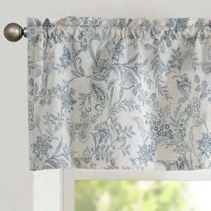 Lazzzy Kitchen Valance Curtain Linen Floral Farmhouse Valance for Living Room Bathroom Bedroom Country Valances Window Treatments Small Window Cafe Curtain 16 Inch Rod Pocket 1 Panel Blue on Beige
